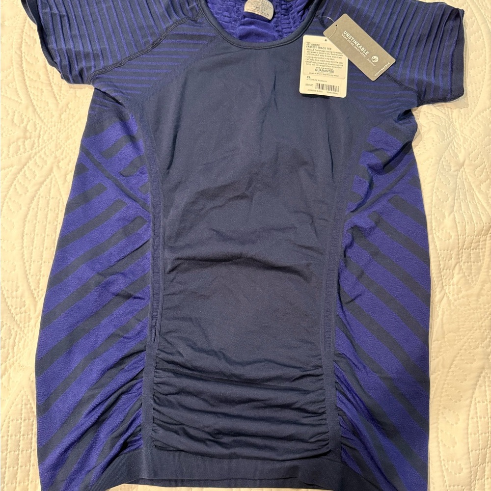 Athleta Purple/Navy Blue Jet Stripe Fastest Track Tee